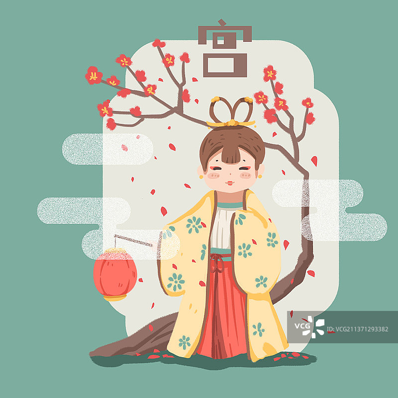 可爱国潮手绘小宫女图片素材