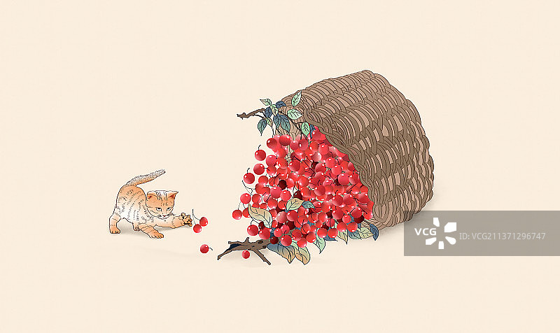 中国风水墨画摘樱桃的季节 小猫在樱桃旁边玩耍图片素材