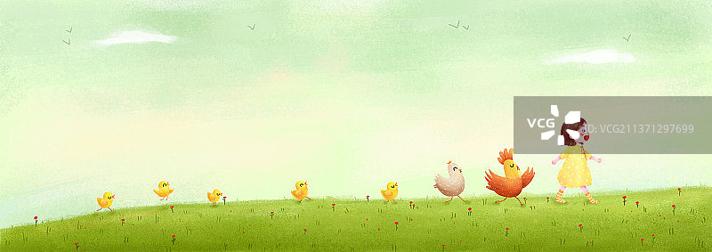 小女孩与小鸡的春天图片素材