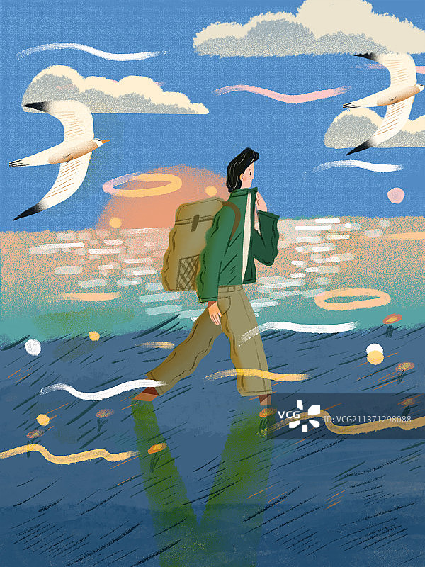 春天一个人背着行囊海边踏青旅行图片素材