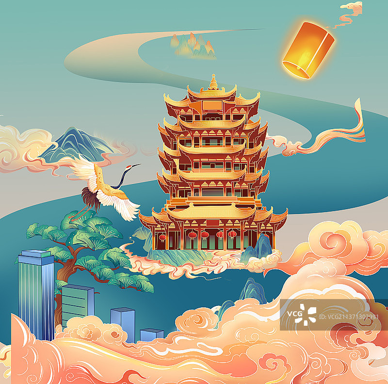 山水画的黄鹤楼图片素材