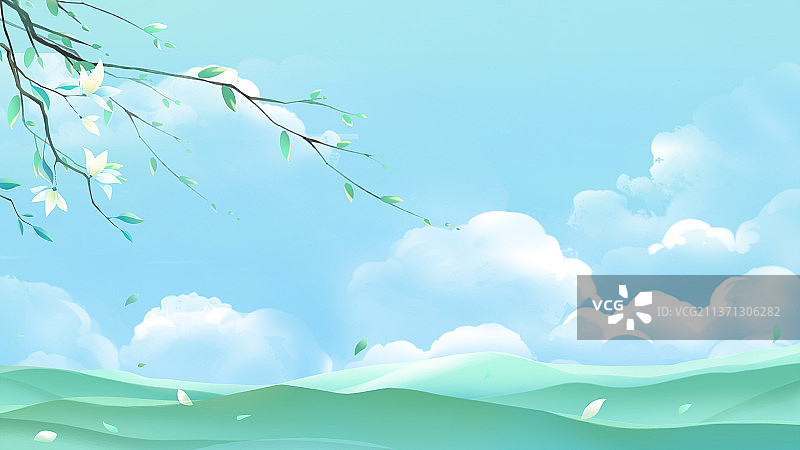 蓝色唯美清新春季春分清明节气插画，树枝上开着白色的花，蓝天白云下连绵青山图片素材