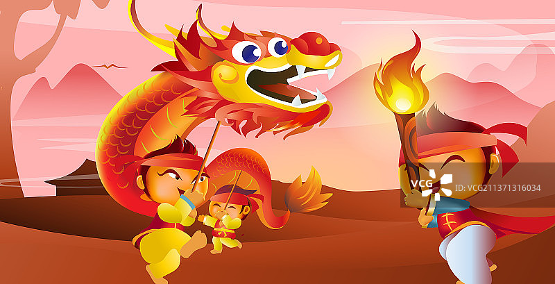 三个小孩在郊外玩着舞龙头的小游戏图片素材