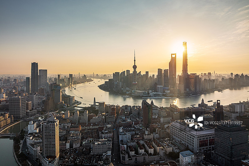 上海城市天际线日出风光俯瞰航拍图片素材