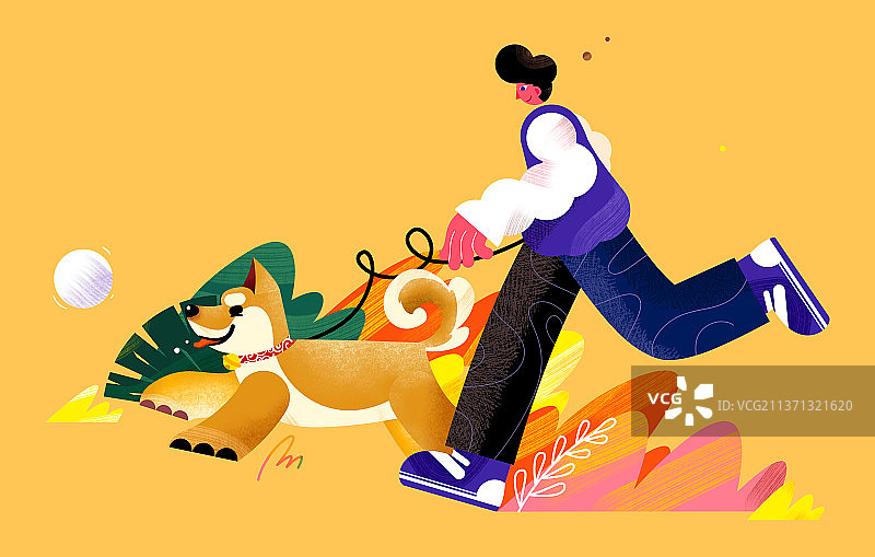 男孩在公园遛狗玩耍图片素材