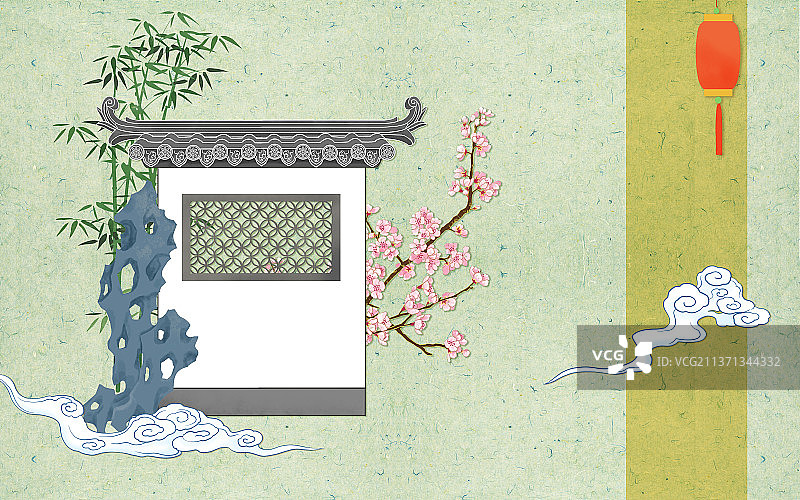 国风园林建筑假山花竹图图片素材
