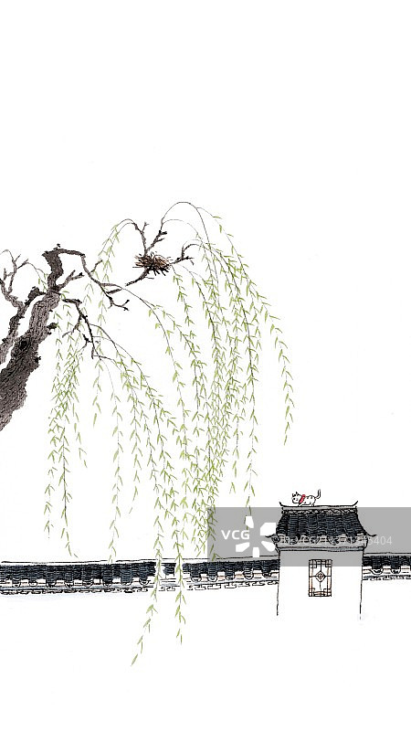 唯美手绘花鸟画二十四节气插画雨水图片素材