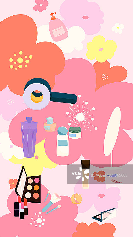 彩妆化妆品和花矢量插画竖图图片素材