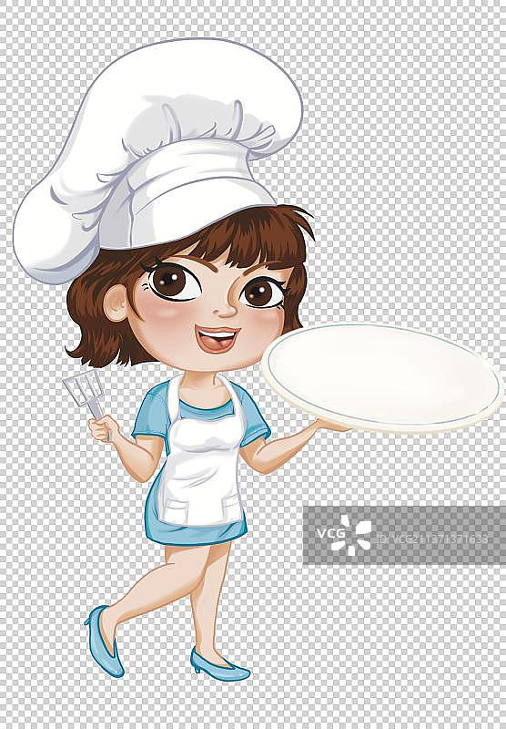 穿着厨师制服的女孩拿着盘子图片素材