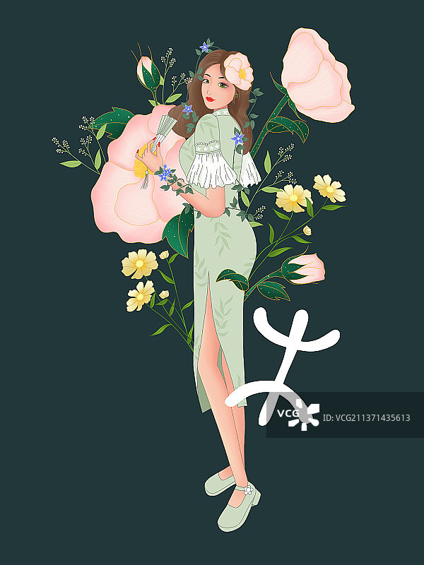 五行旗袍美女 繁花似锦图片素材