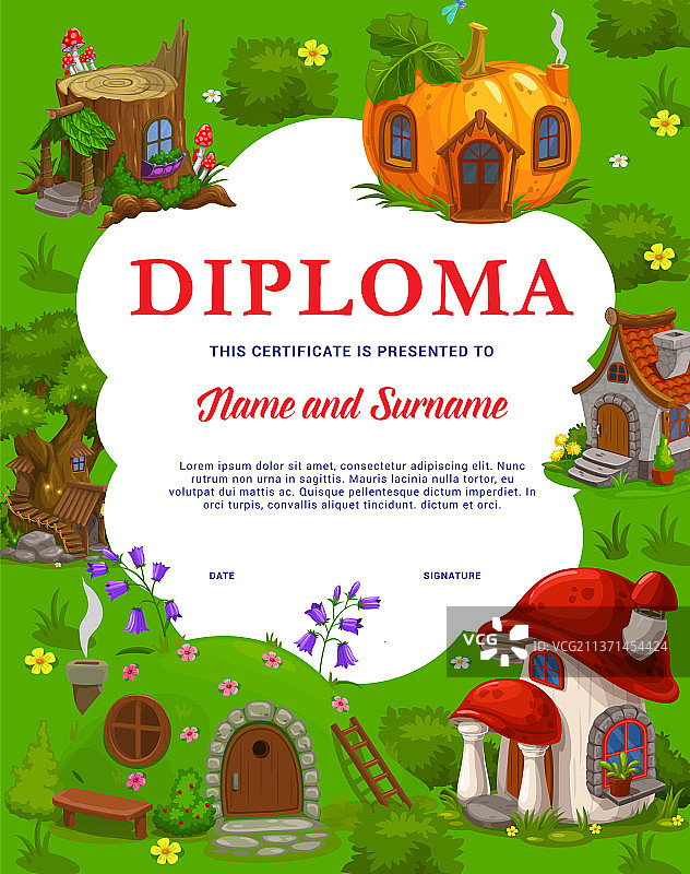 儿童毕业证书卡通仙女侏儒和精灵房屋图片素材