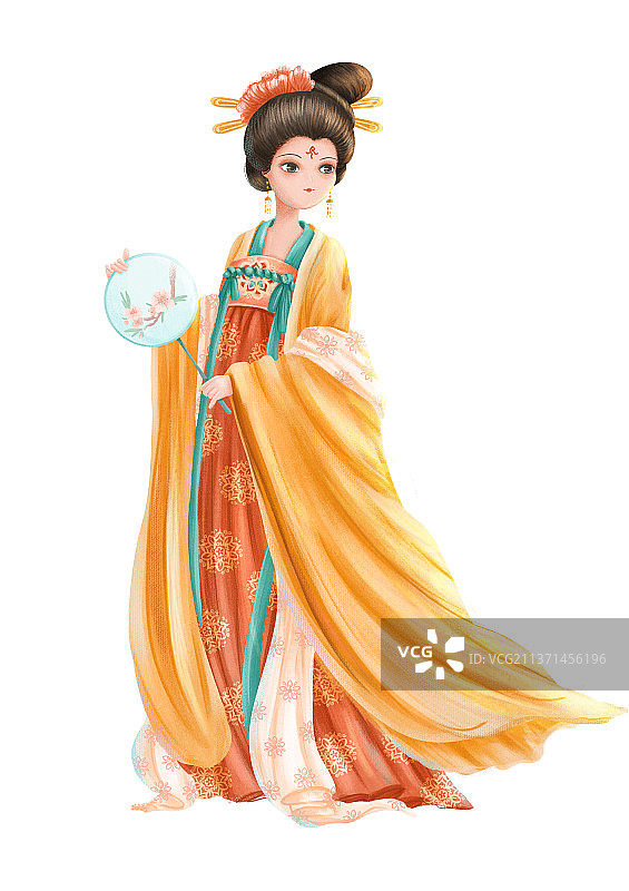 举报 手握扇子的中国风仕女唐代古装古风人物插画图片素材
