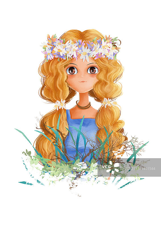 戴花环的田园美丽卷发长发女孩头像插画图片素材