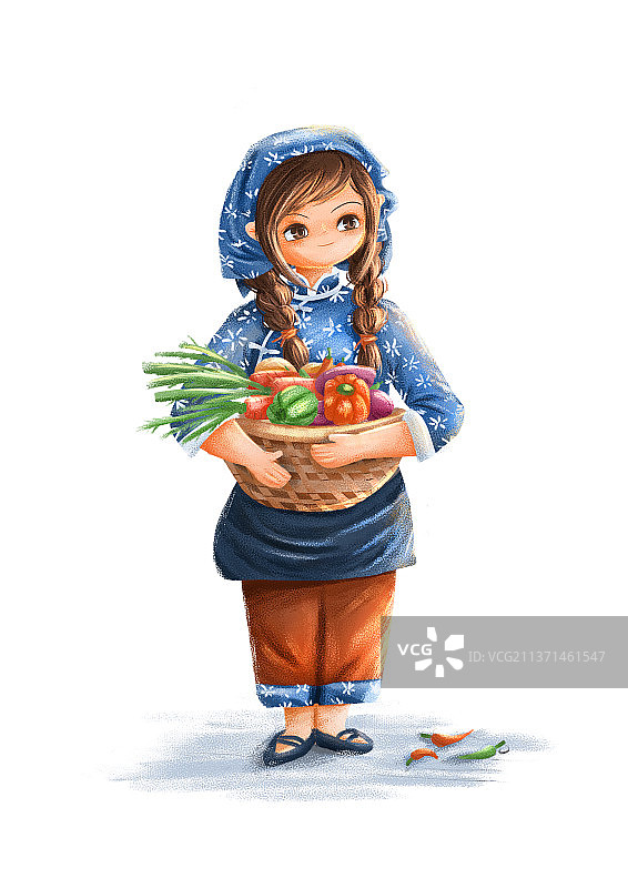 戴碎花头巾的农家女孩手捧着装满蔬菜的篮子图片素材