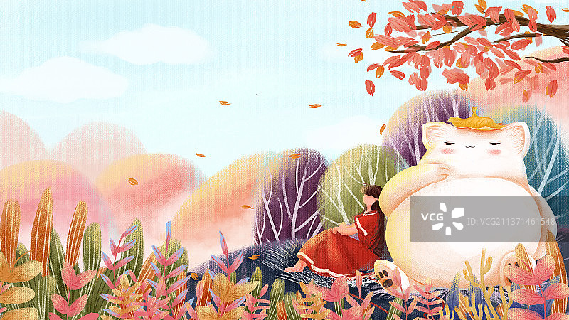 秋天女孩和大猫坐在秀丽温暖的大自然中休息图片素材