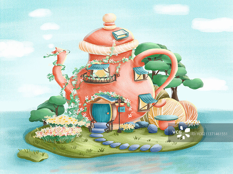 小岛上的粉色茶壶小屋建筑插画图片素材