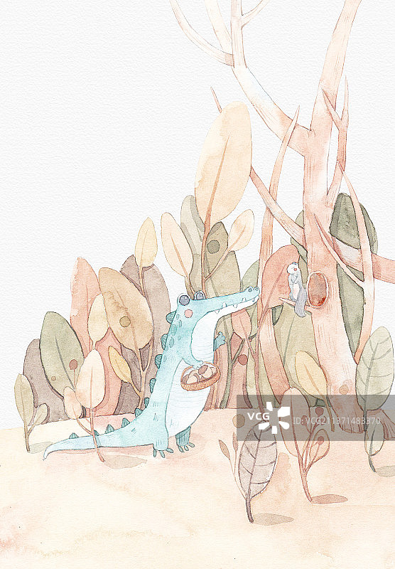 水彩可爱小鳄鱼卡通绘本图片素材