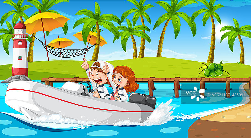 儿童驾驶快艇的海洋风光图片素材