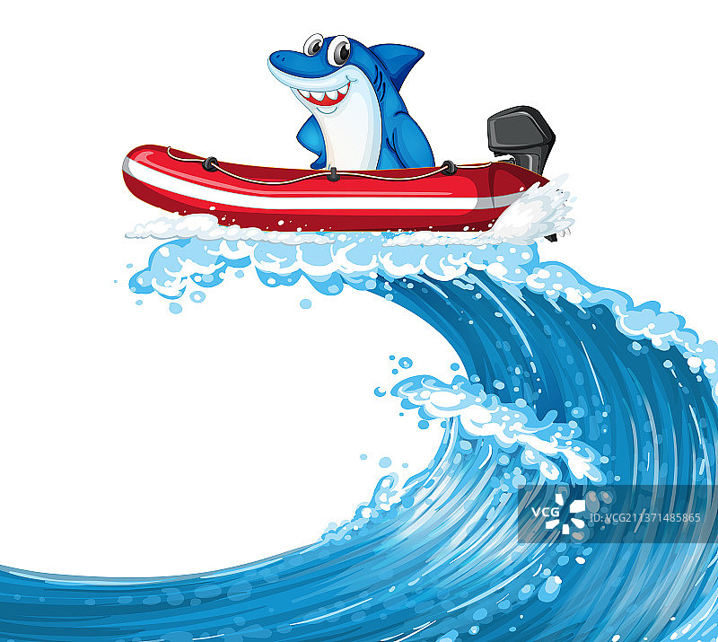 在充气船上的快乐鲨鱼与海浪图片素材
