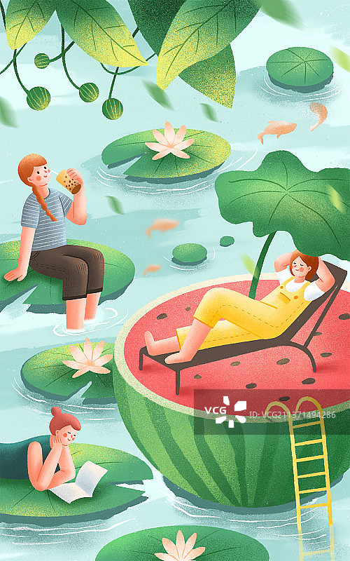 夏天荷花池的女孩们图片素材