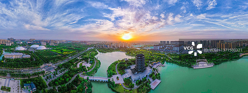 山东淄博齐盛湖航拍日出日落图片素材