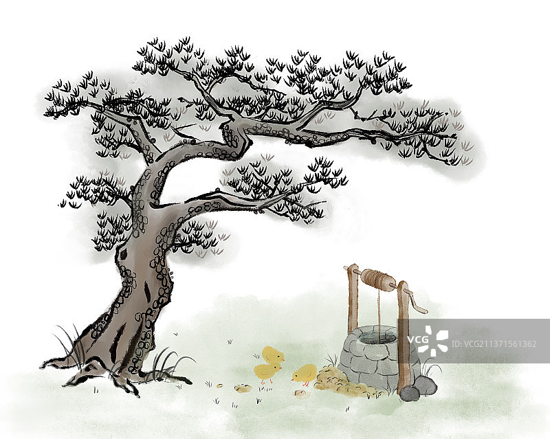 松树水井图图片素材