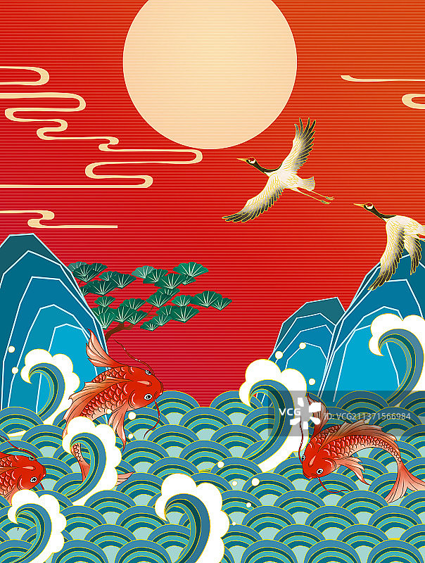 国潮风格山水海浪插画图片素材