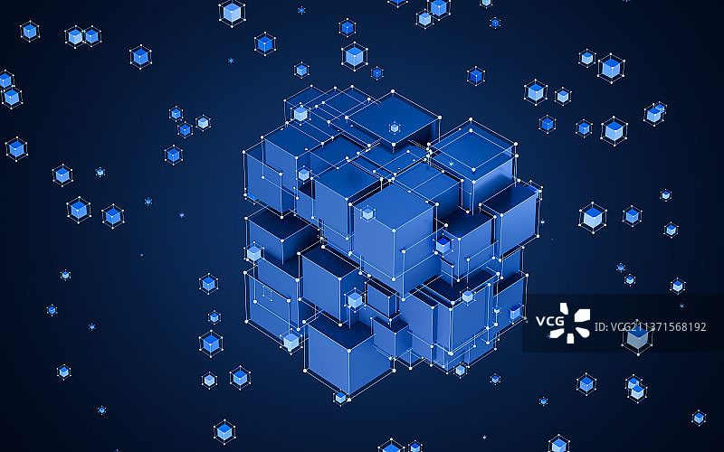 聚集的立方体核心与发光的粒子背景3D渲染图片素材