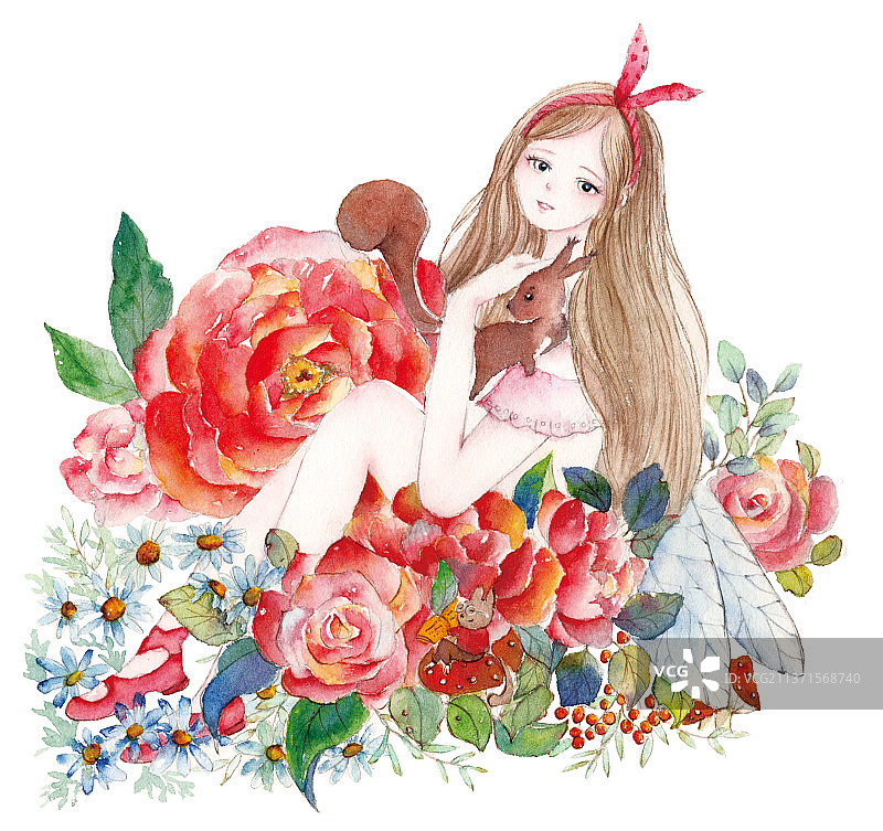 水彩手绘蝴蝶结头饰白色背景下抚摸松鼠的年轻女子肖像图片素材