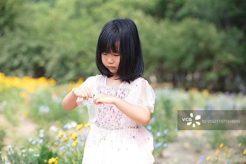 可爱的采花小女孩在户外图片素材