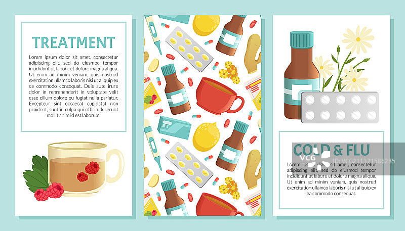 含药丸和药物的感冒和流感治疗图片素材