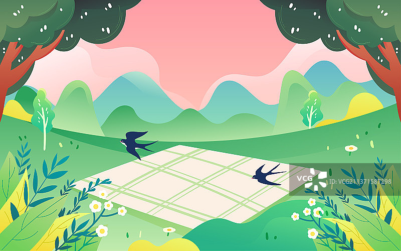 亲子教育阅读插画春天一家人春游踏青海报图片素材