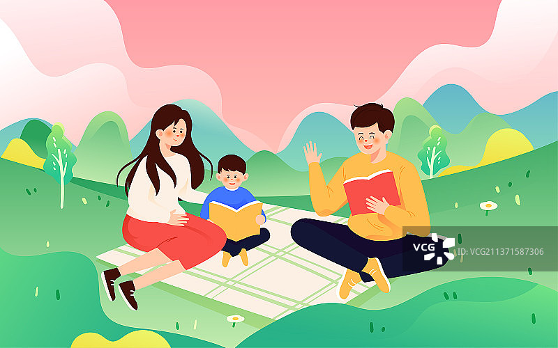 亲子教育阅读插画春天一家人春游踏青海报图片素材