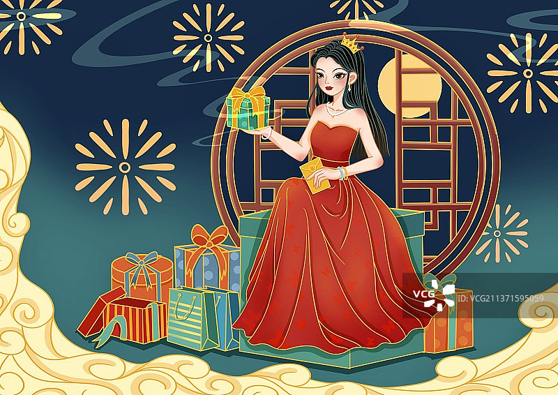 戴着王冠的女王坐在礼物上的妇女节插画图片素材
