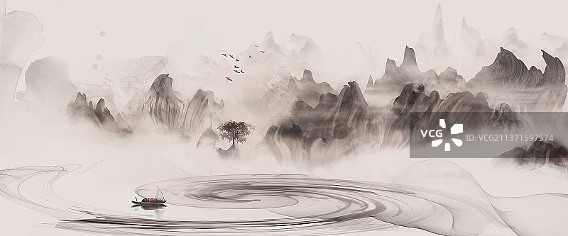 中国风抽象水墨山水背景插画图片素材