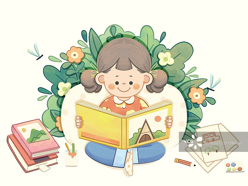 读书日-坐在草丛里读书的女孩图片素材