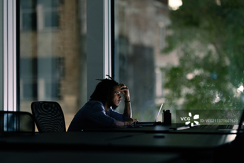 在办公室工作到很晚的男人图片素材