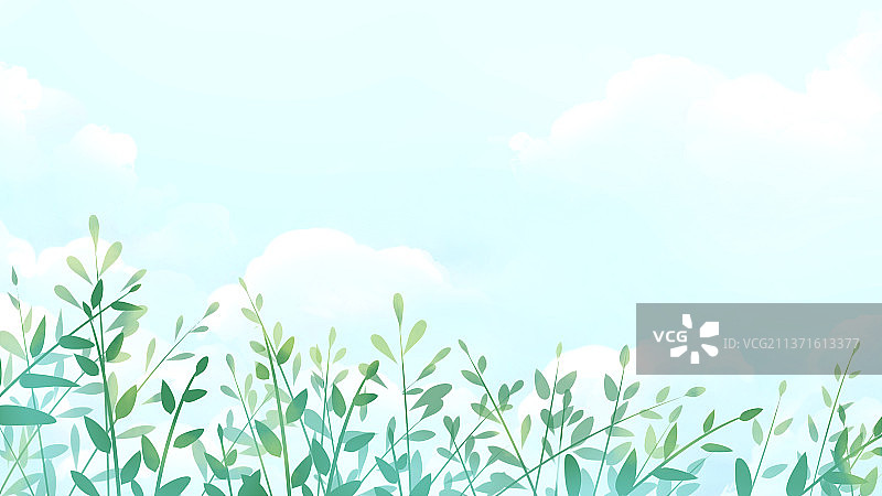 绿色唯美清新植物丛插画，蓝天白云下的植物叶子丛图片素材