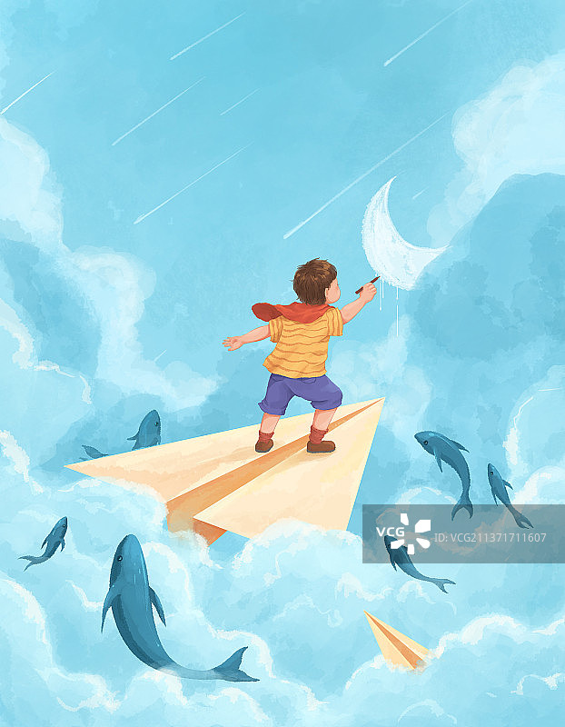 纸飞机上的儿童插画图片素材