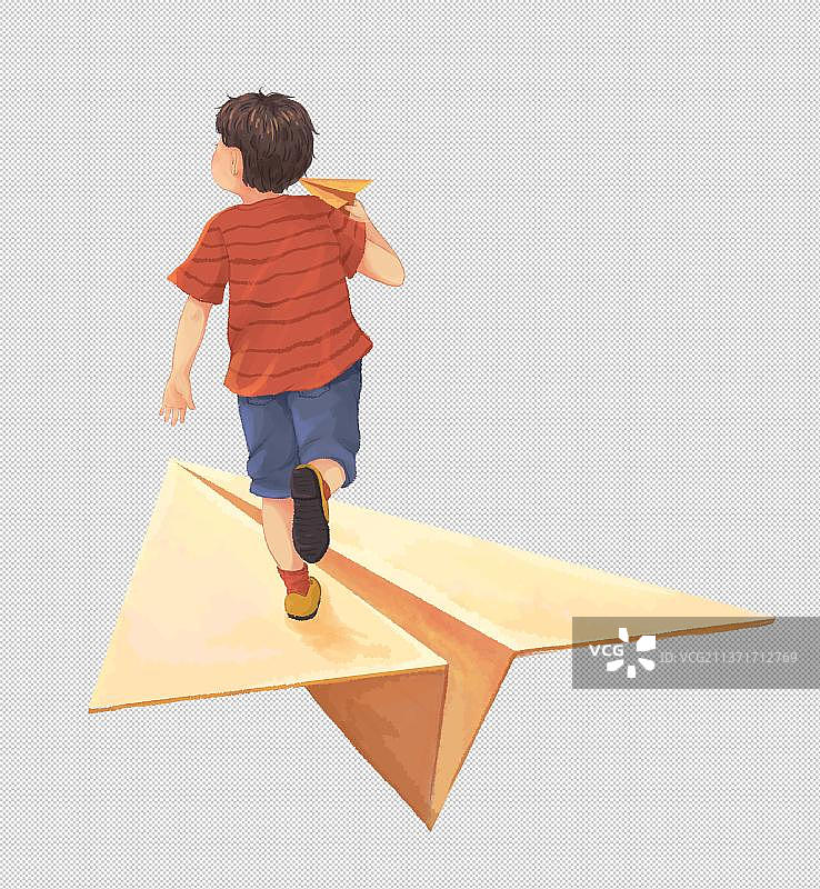 纸飞机上的男孩插画2图片素材