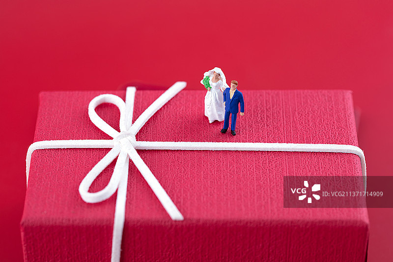 微缩世界礼物盒上的结婚新人图片素材