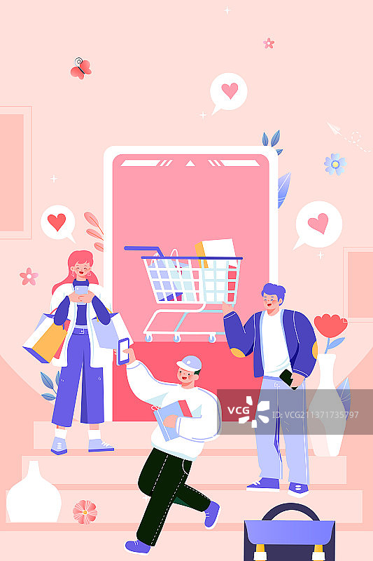 卡通妇女节美妆彩妆女生节购物节电商促销消费网购商城互联网优惠活动邀请好友潮流青年学生渐变矢量插画图片素材