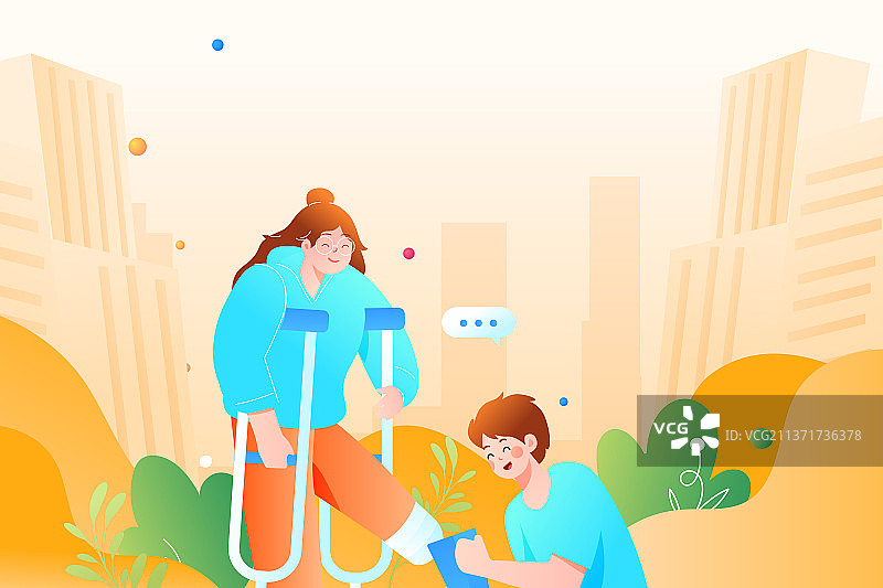 卡通运动帮助同伴合作康复陪伴志愿者加油激励预防疾病出行残疾人助残日医疗健康人物元素扁平渐变矢量插画图片素材