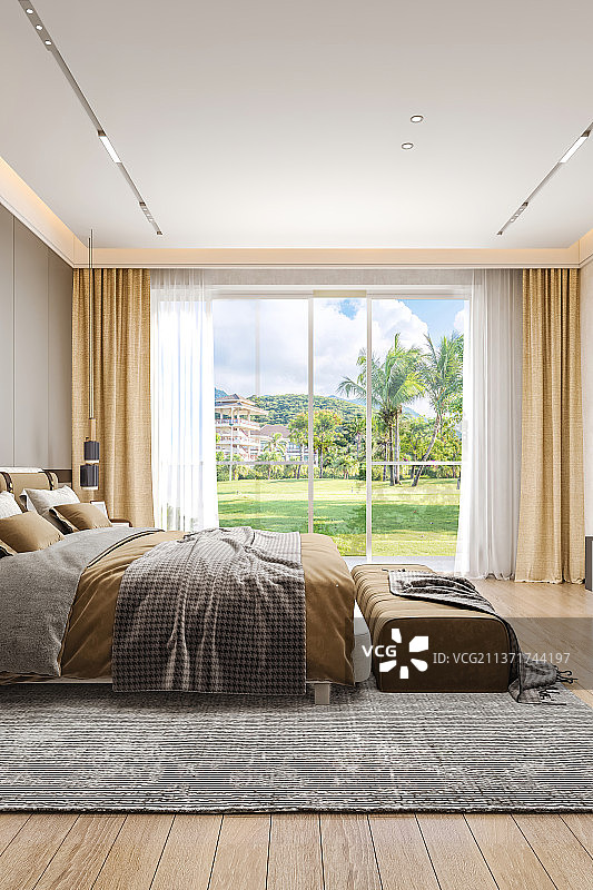 现代简约风格卧室看向窗外风景图片素材