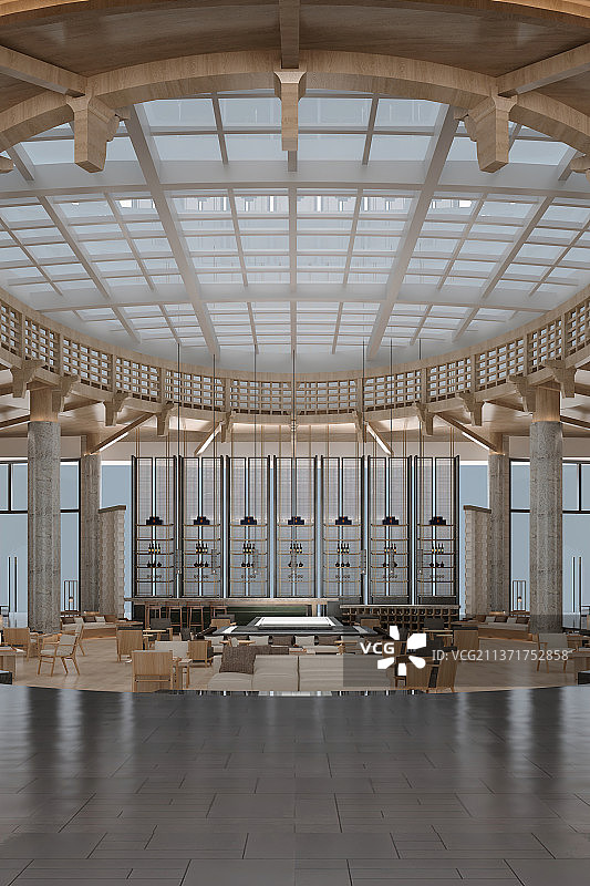 新中式风格圆顶天花高端酒店大堂贵宾休闲等候区图片素材