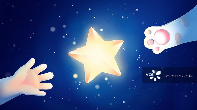 深蓝色唯美卡通实现愿望的星星插画，孩童的小手和猫爪一起伸向星星图片素材