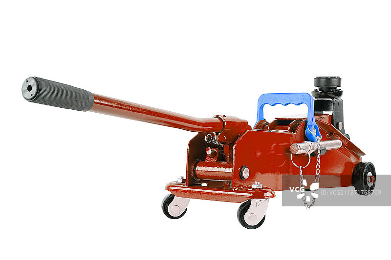 白色背景上降低的红色液压千斤顶图片素材