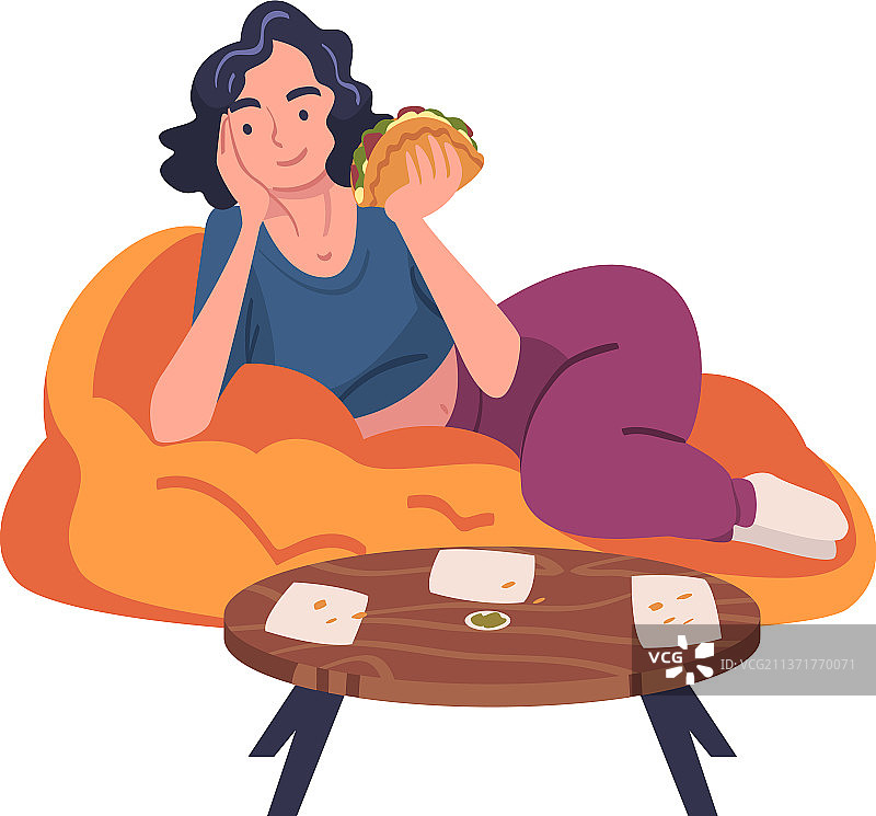 躺在沙发上吃东西的卡通女性图片素材