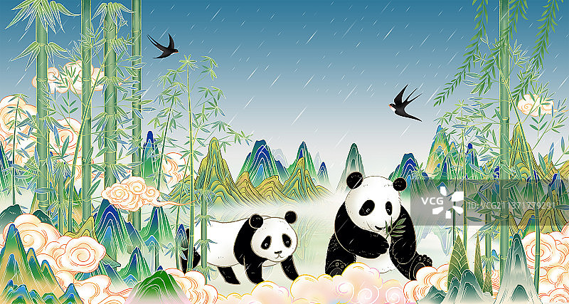 熊猫竹林山水国风插画海报图片素材