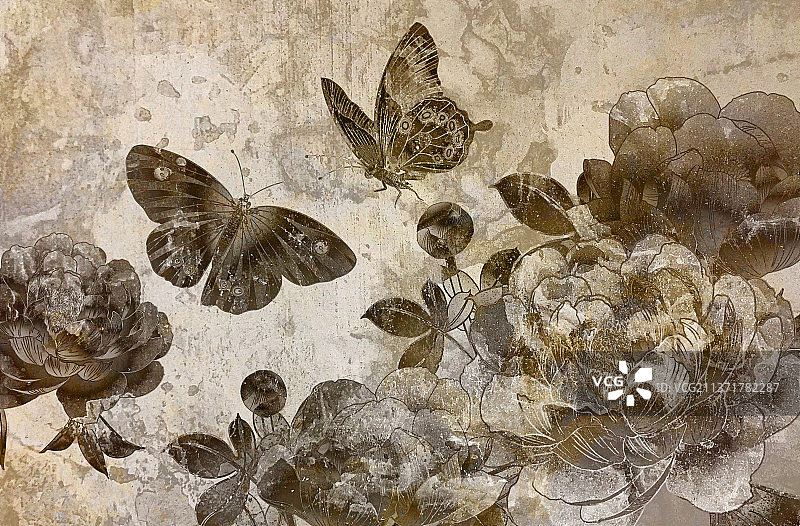 牡丹蝴蝶鲜花新中式国风插画图片素材